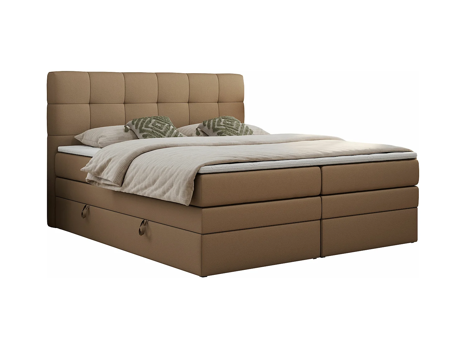 Boxspringbett LUKA KING, mit gestepptem Kopfteil, zwei Bettkästen, Multipocket-Matratze und Topper - 200x200 cm - H3 - Braun Kunstleder