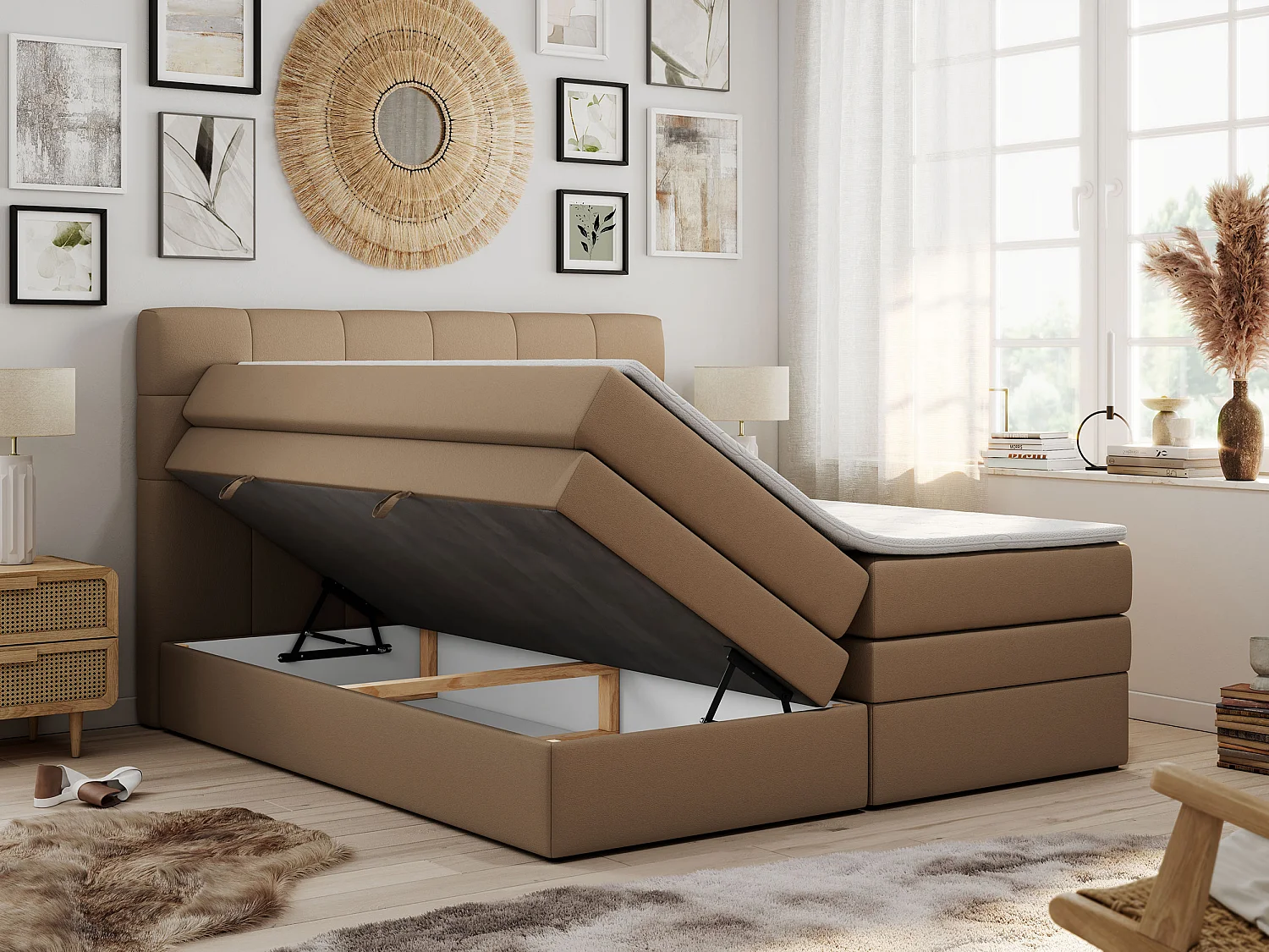 Boxspringbett LUKA KING, mit gestepptem Kopfteil, zwei Bettkästen, Multipocket-Matratze und Topper - 200x200 cm - H3 - Braun Kunstleder