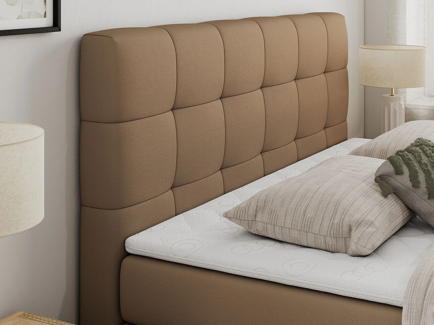 Boxspringbett LUKA KING, mit gestepptem Kopfteil, zwei Bettkästen, Multipocket-Matratze und Topper - 200x200 cm - H3 - Braun Kunstleder