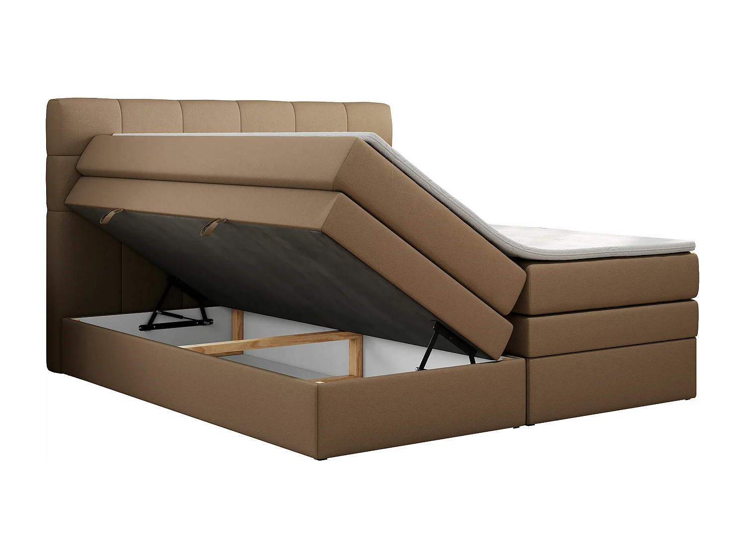 Boxspringbett LUKA KING, mit gestepptem Kopfteil, zwei Bettkästen, Multipocket-Matratze und Topper - 200x200 cm - H4 - Braun Kunstleder