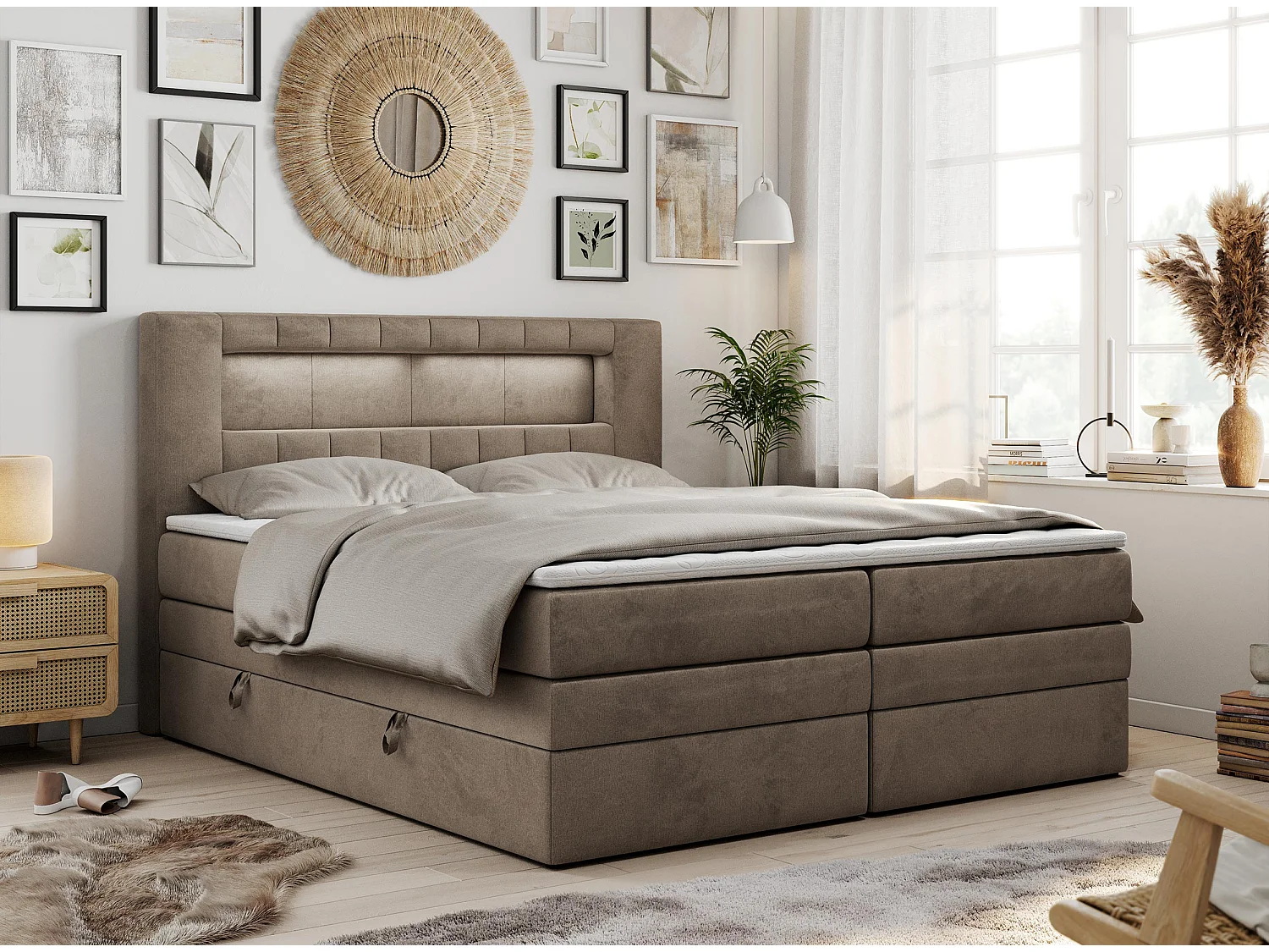 Boxspringbett GOLD 5 KING mit Stauraum, zwei Bettkästen, LED-Beleuchtung, Multipocket-Matratze - 140x200 cm - H4 - Braun Velvet