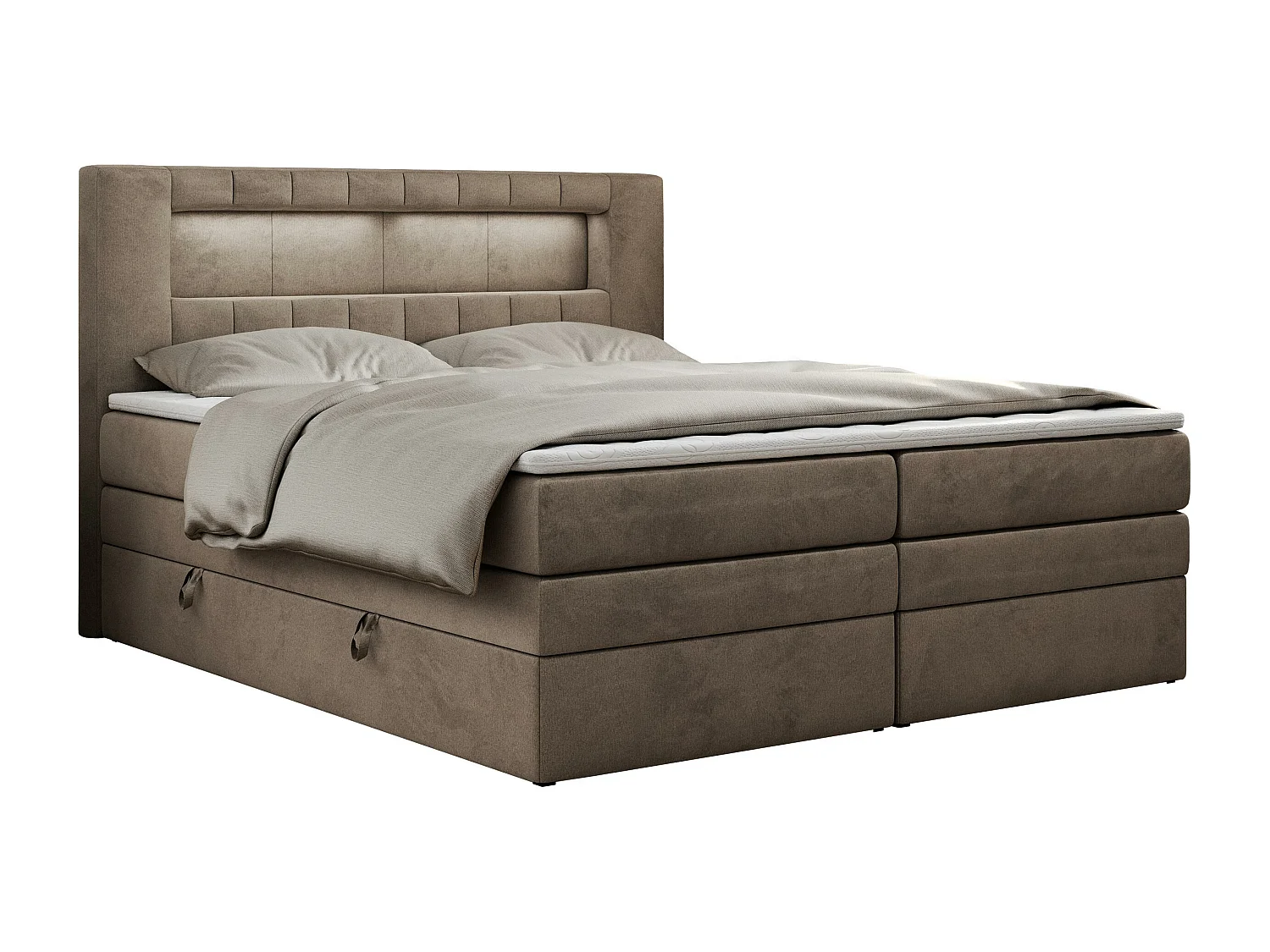 Boxspringbett GOLD 5 KING mit Stauraum, zwei Bettkästen, LED-Beleuchtung, Multipocket-Matratze - 140x200 cm - H4 - Braun Velvet