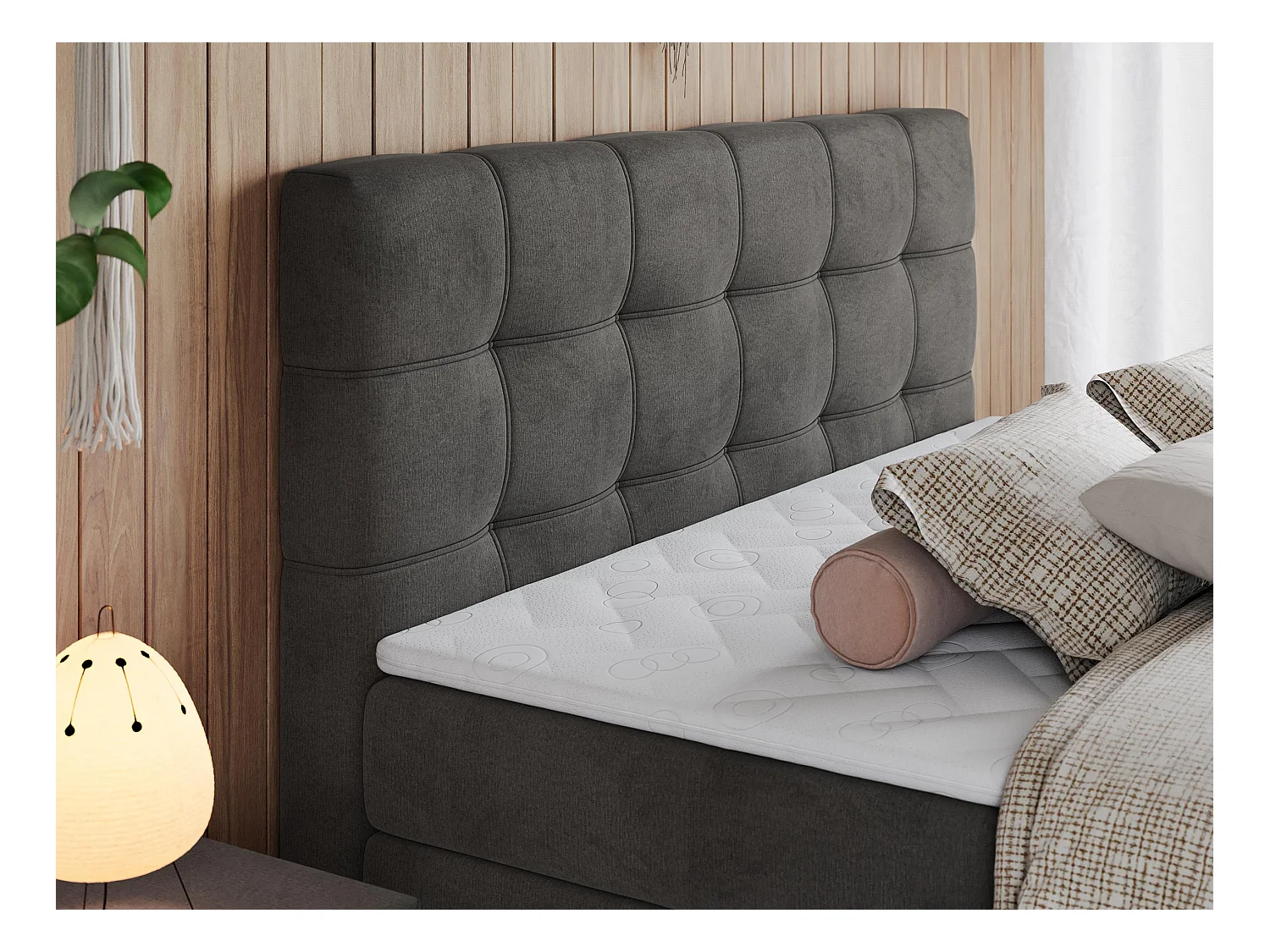 Boxspringbett ERNI KING, gestepptes Kopfteil, zwei Multipocket-Matratze und Topper, mit Stauraum - 200x200 cm - H3 - Dunkelgrau Velvet