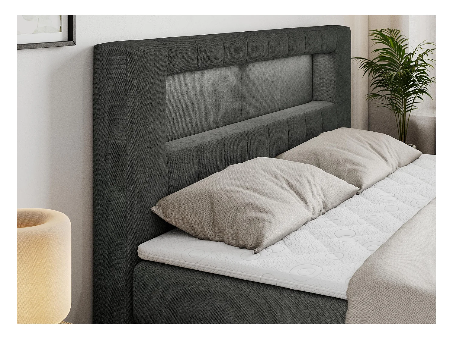Boxspringbett GOLD 5 KING mit Stauraum, zwei Bettkästen, LED-Beleuchtung, Multipocket-Matratze - 160x200 cm - H3 - Dunkelgrau Strukture