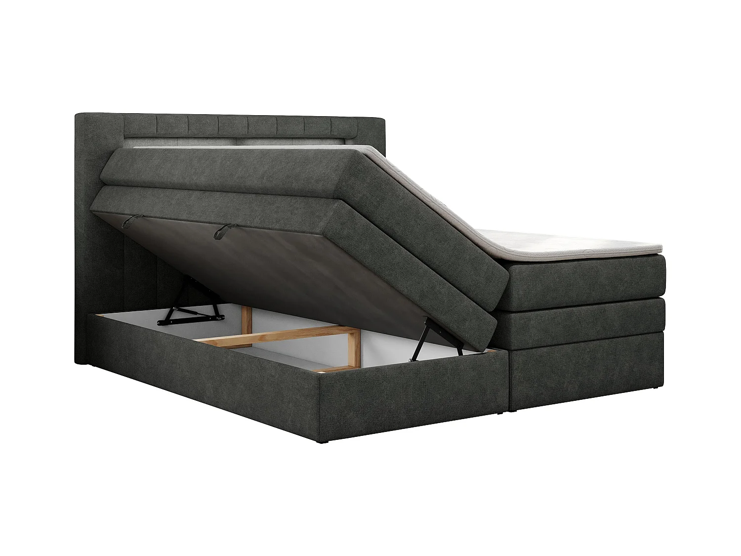 Boxspringbett GOLD 5 KING mit Stauraum, zwei Bettkästen, LED-Beleuchtung, Multipocket-Matratze - 160x200 cm - H3 - Dunkelgrau Strukture