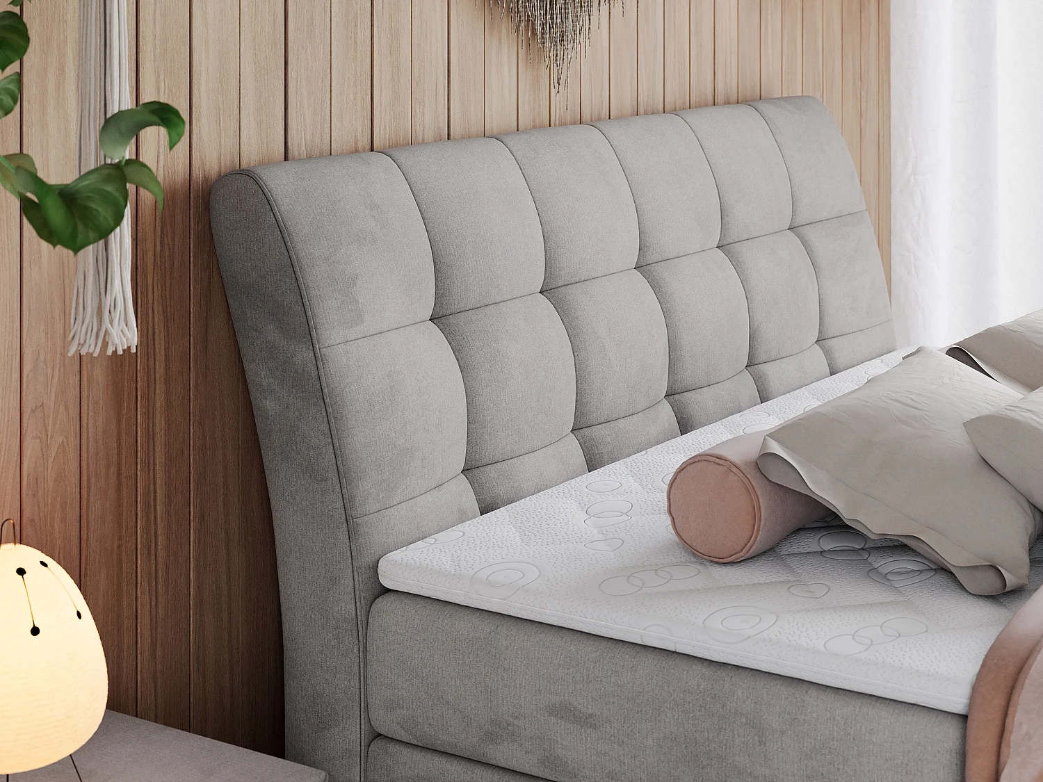 Boxspringbett GOLD 10 KING mit genähtes Kopfteil und Stauraum, zwei Multipocket-Matratze - 160x200 cm - H4 - Hellgrau Velvet