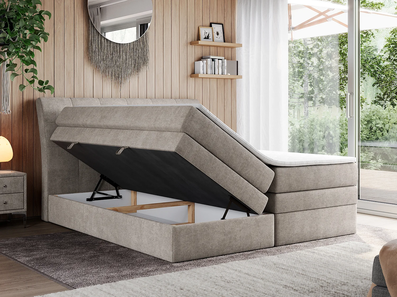 Boxspringbett GOLD 10 KING mit genähtes Kopfteil und Stauraum, zwei Multipocket-Matratze - 140x200 cm - H3 - Beige Strukture