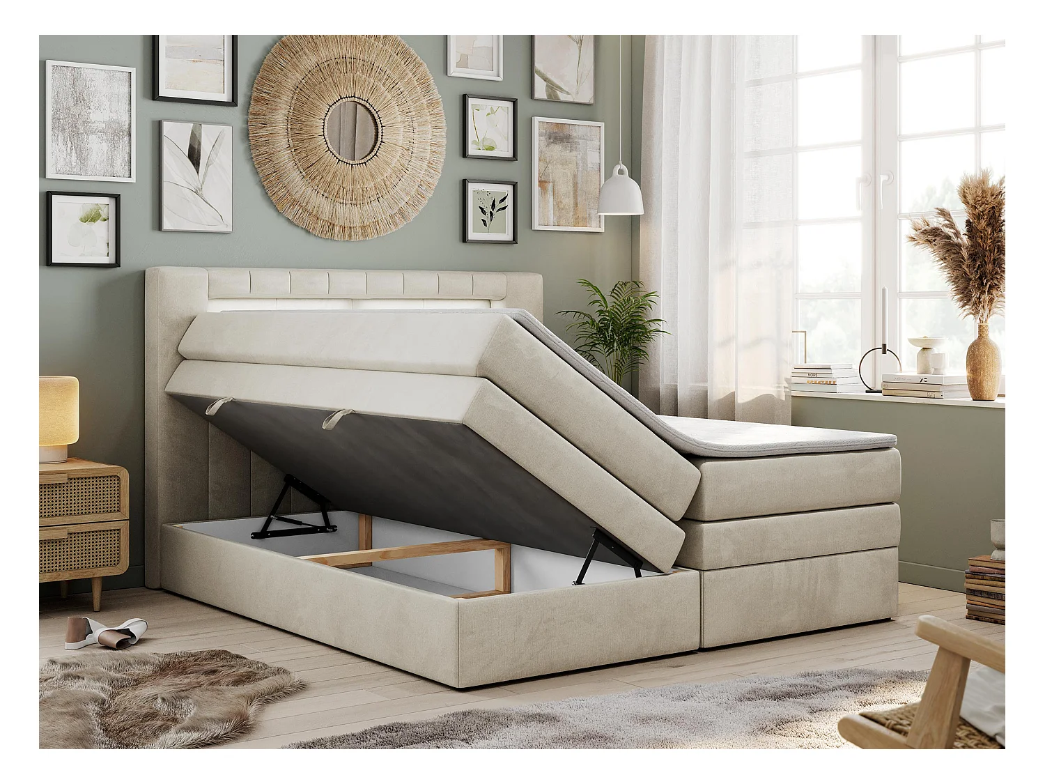 Boxspringbett GOLD 5 KING mit Stauraum, zwei Bettkästen, LED-Beleuchtung, Multipocket-Matratze - 200x200 cm - H4 - Beige Velvet