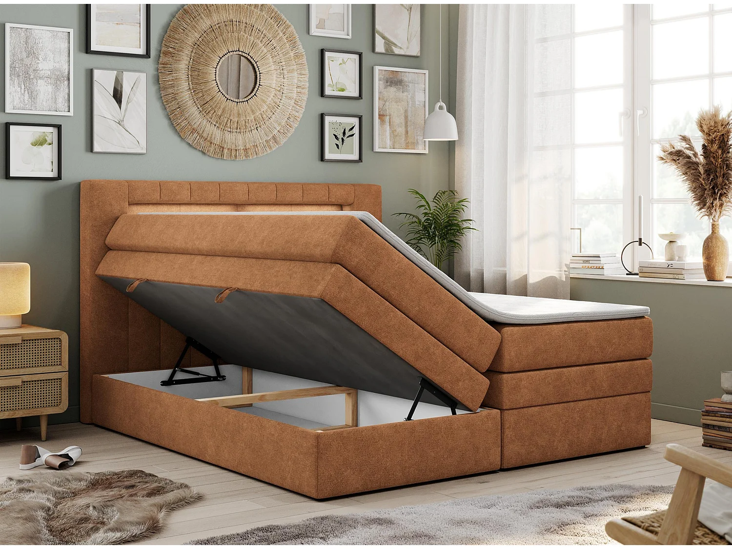 Boxspringbett GOLD 5 KING mit Stauraum, zwei Bettkästen, LED-Beleuchtung, Multipocket-Matratze - 120x200 cm - H3 - Orange Strukture