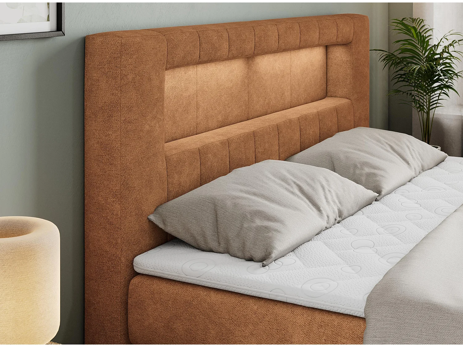 Boxspringbett GOLD 5 KING mit Stauraum, zwei Bettkästen, LED-Beleuchtung, Multipocket-Matratze - 120x200 cm - H3 - Orange Strukture