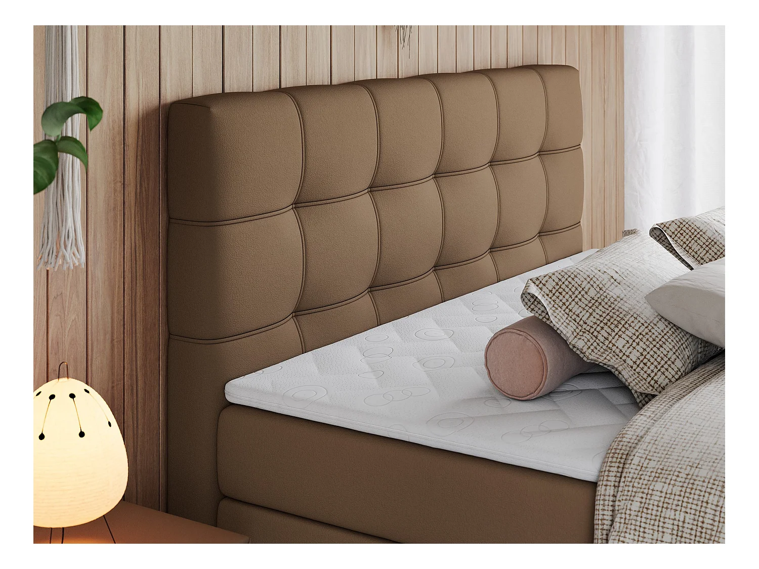 Boxspringbett ERNI KING, gestepptes Kopfteil, zwei Multipocket-Matratze und Topper, mit Stauraum - 120x200 cm - H3 - Braun Kunstleder