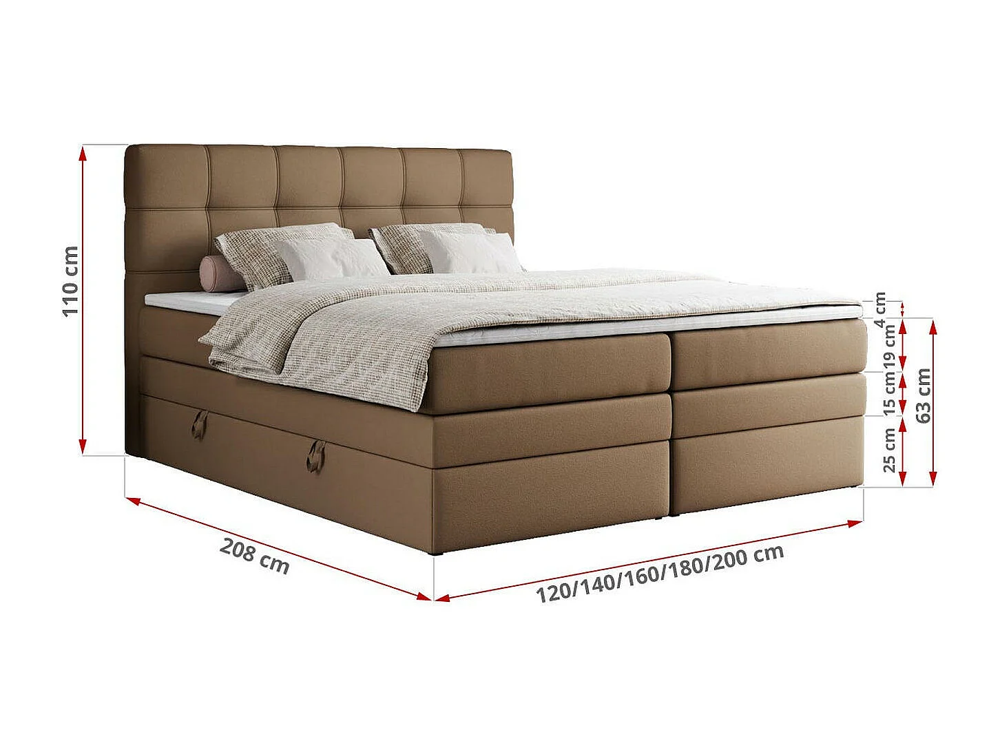 Boxspringbett ERNI KING, gestepptes Kopfteil, zwei Multipocket-Matratze und Topper, mit Stauraum - 120x200 cm - H3 - Braun Kunstleder