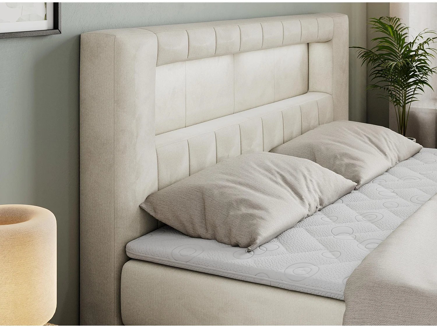 Boxspringbett GOLD 5 KING mit Stauraum, zwei Bettkästen, LED-Beleuchtung, Multipocket-Matratze - 200x200 cm - H3 - Beige Velvet