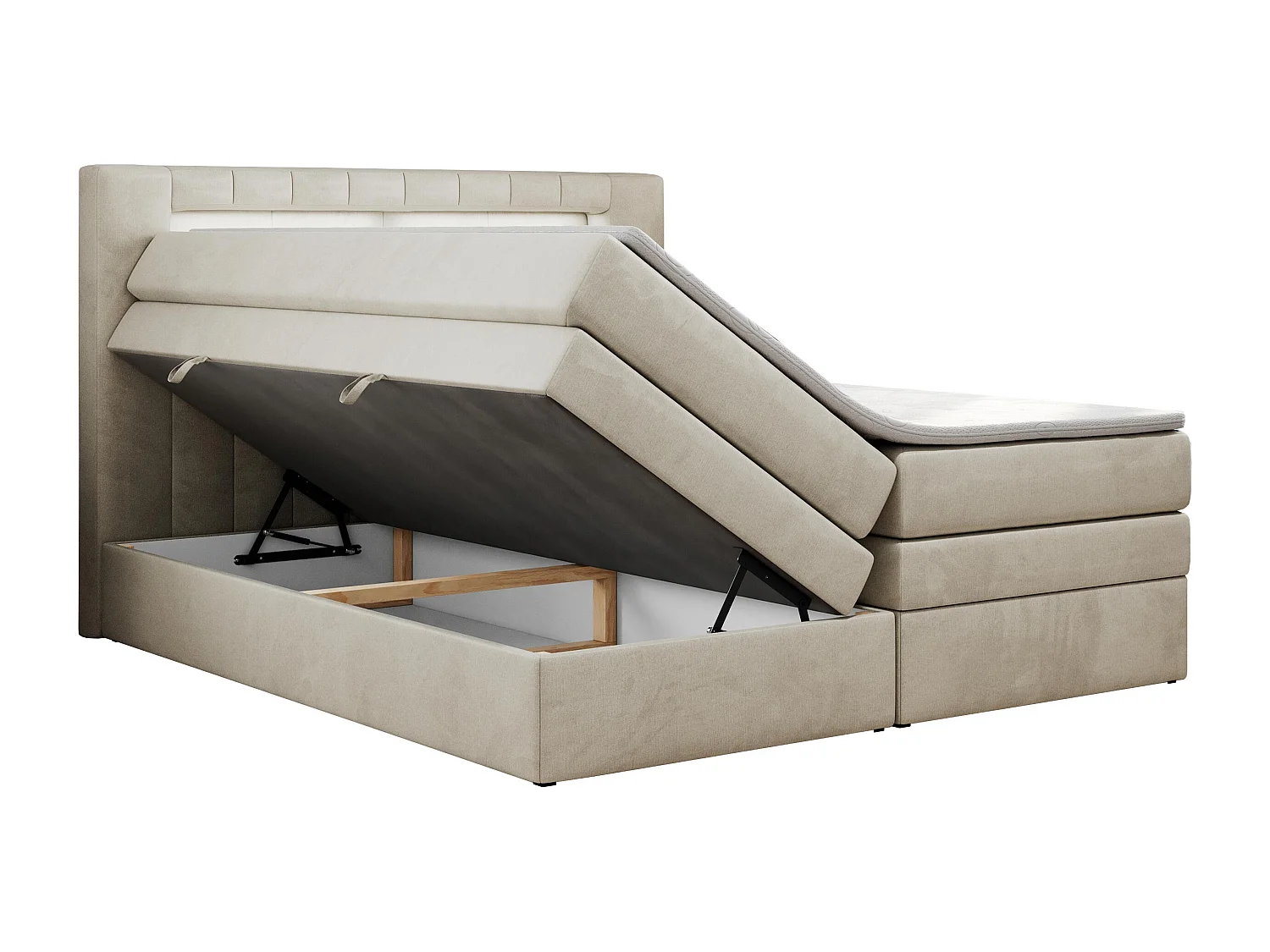 Boxspringbett GOLD 5 KING mit Stauraum, zwei Bettkästen, LED-Beleuchtung, Multipocket-Matratze - 200x200 cm - H3 - Beige Velvet