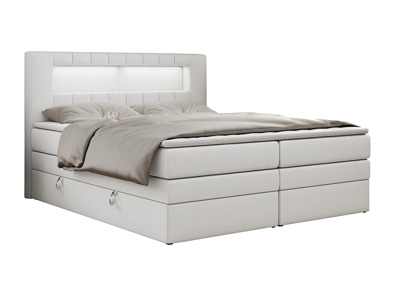Boxspringbett GOLD 5 KING mit Stauraum, zwei Bettkästen, LED-Beleuchtung, Multipocket-Matratze - 200x200 cm - H3 - Weiß Kunstleder