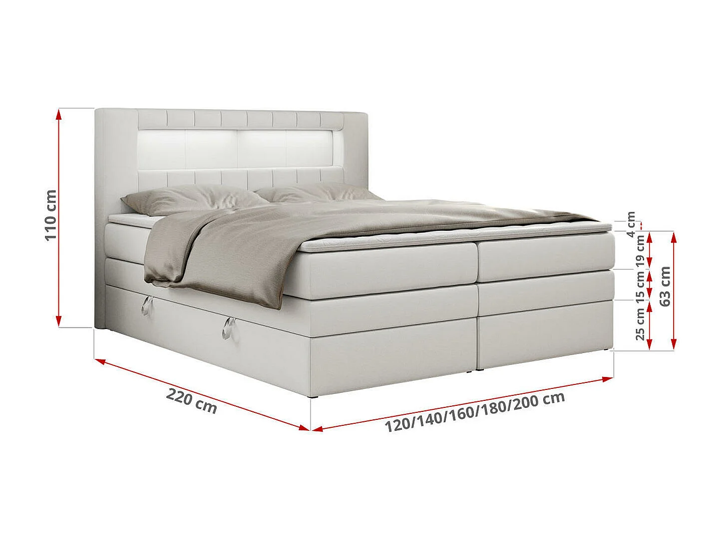 Boxspringbett GOLD 5 KING mit Stauraum, zwei Bettkästen, LED-Beleuchtung, Multipocket-Matratze - 200x200 cm - H3 - Weiß Kunstleder