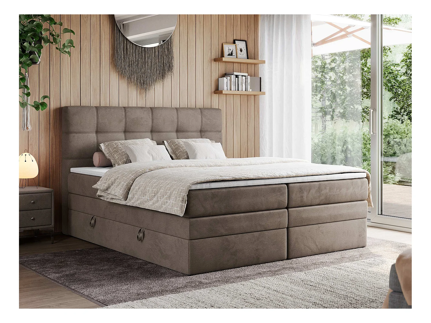 Boxspringbett ERNI KING, gestepptes Kopfteil, zwei Multipocket-Matratze und Topper, mit Stauraum - 180x200 cm - H3 - Braun Velvet