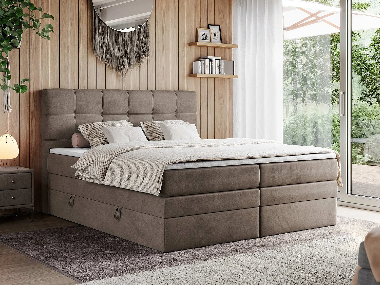 Boxspringbett ERNI KING, gestepptes Kopfteil, zwei Multipocket-Matratze und Topper, mit Stauraum - 180x200 cm - H3 - Braun Velvet