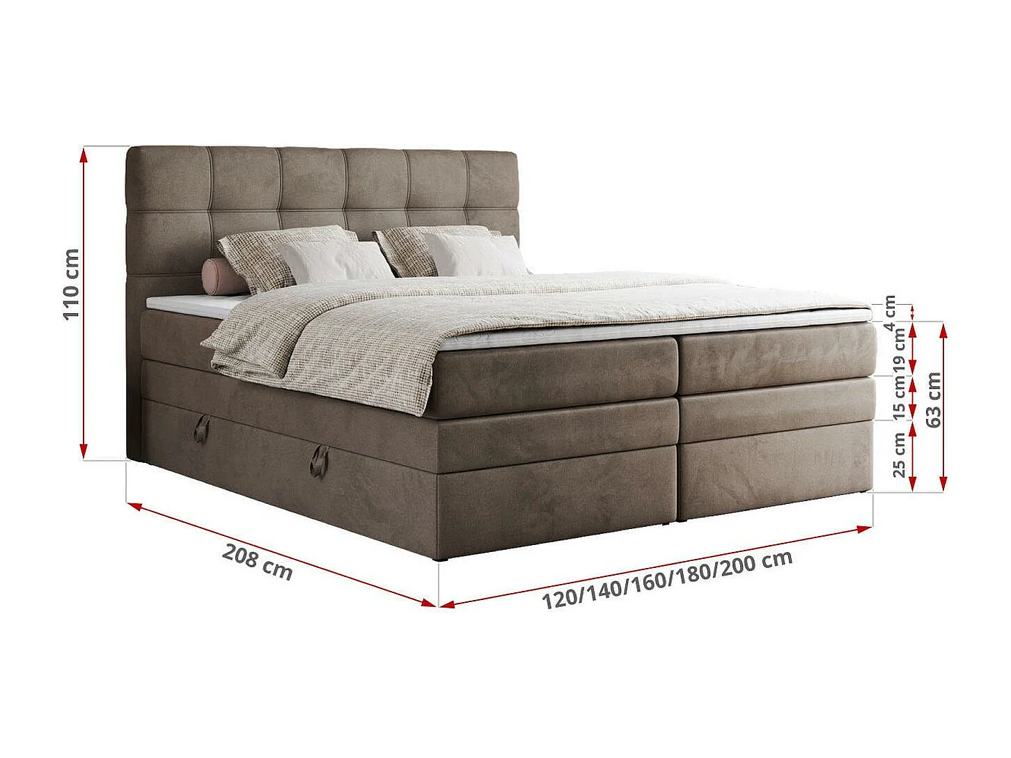 Boxspringbett ERNI KING, gestepptes Kopfteil, zwei Multipocket-Matratze und Topper, mit Stauraum - 180x200 cm - H3 - Braun Velvet
