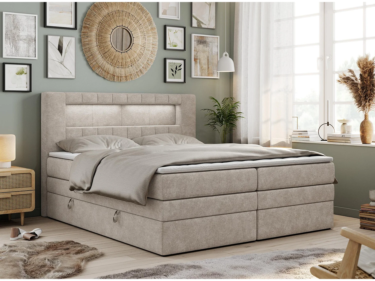 Boxspringbett GOLD 5 KING mit Stauraum, zwei Bettkästen, LED-Beleuchtung, Multipocket-Matratze - 140x200 cm - H3 - Beige Strukture