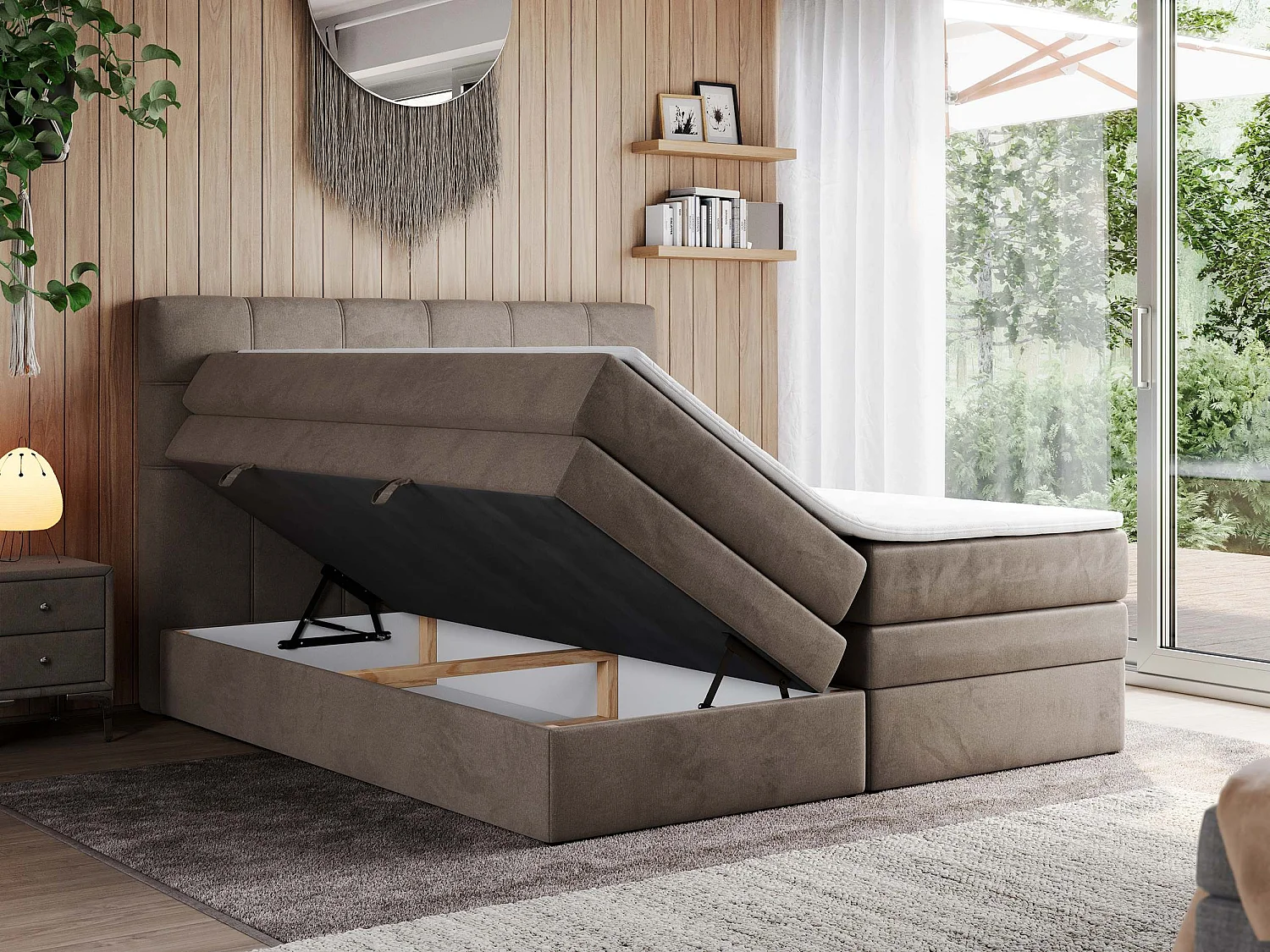 Boxspringbett ERNI KING, gestepptes Kopfteil, zwei Multipocket-Matratze und Topper, mit Stauraum - 120x200 cm - H3 - Braun Velvet