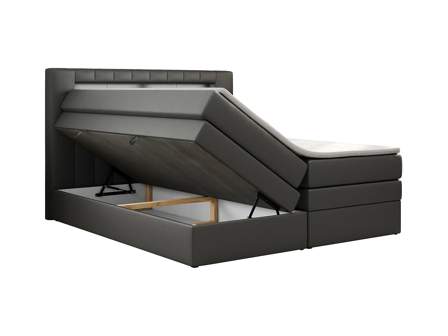 Boxspringbett GOLD 5 KING mit Stauraum, zwei Bettkästen, LED-Beleuchtung, Multipocket-Matratze - 200x200 cm - H4 - Dunkelgrau Kunstleder