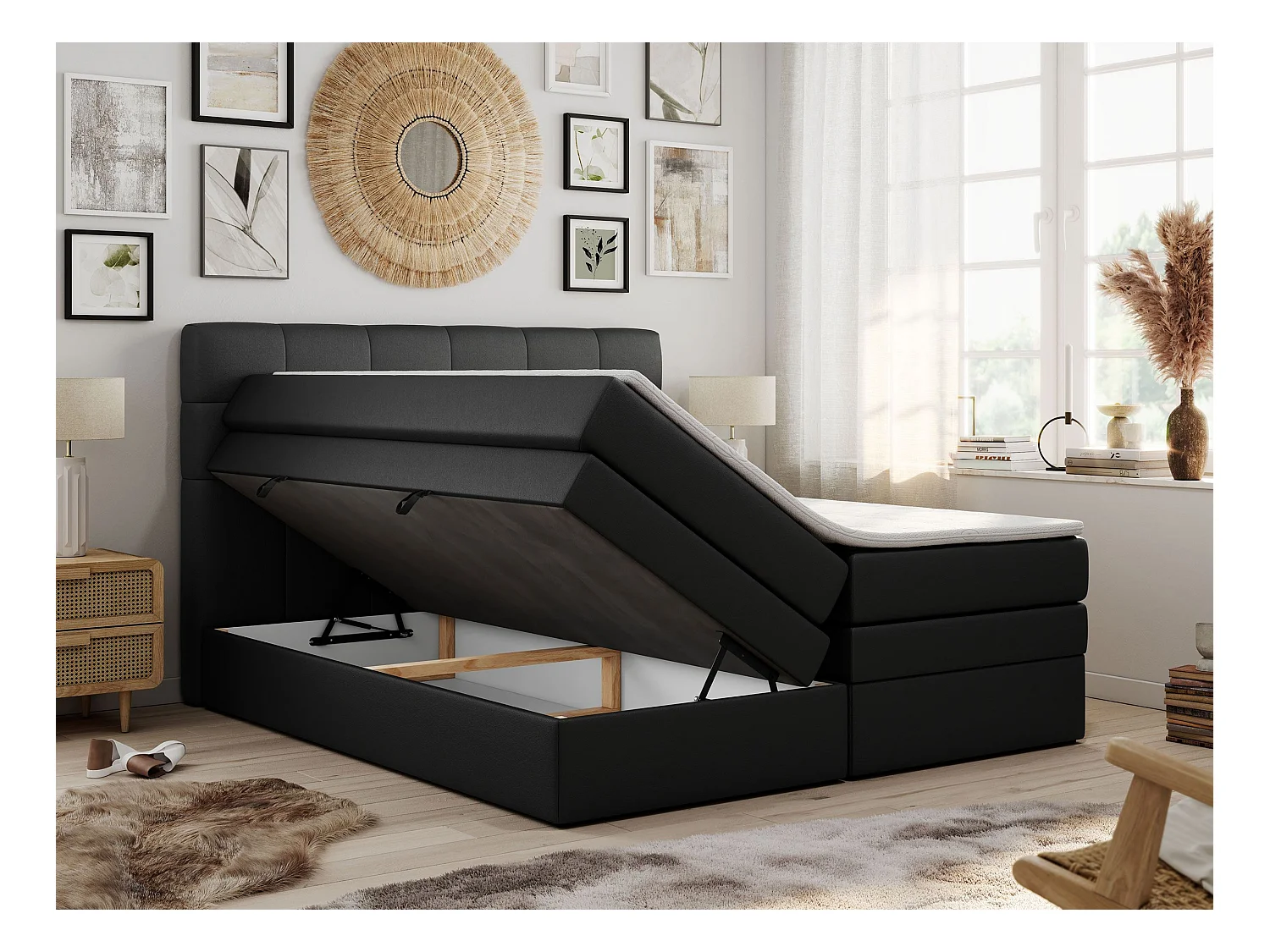 Boxspringbett LUKA KING, mit gestepptem Kopfteil, zwei Bettkästen, Multipocket-Matratze und Topper - 120x200 cm - H3 - Schwarz Kunstleder