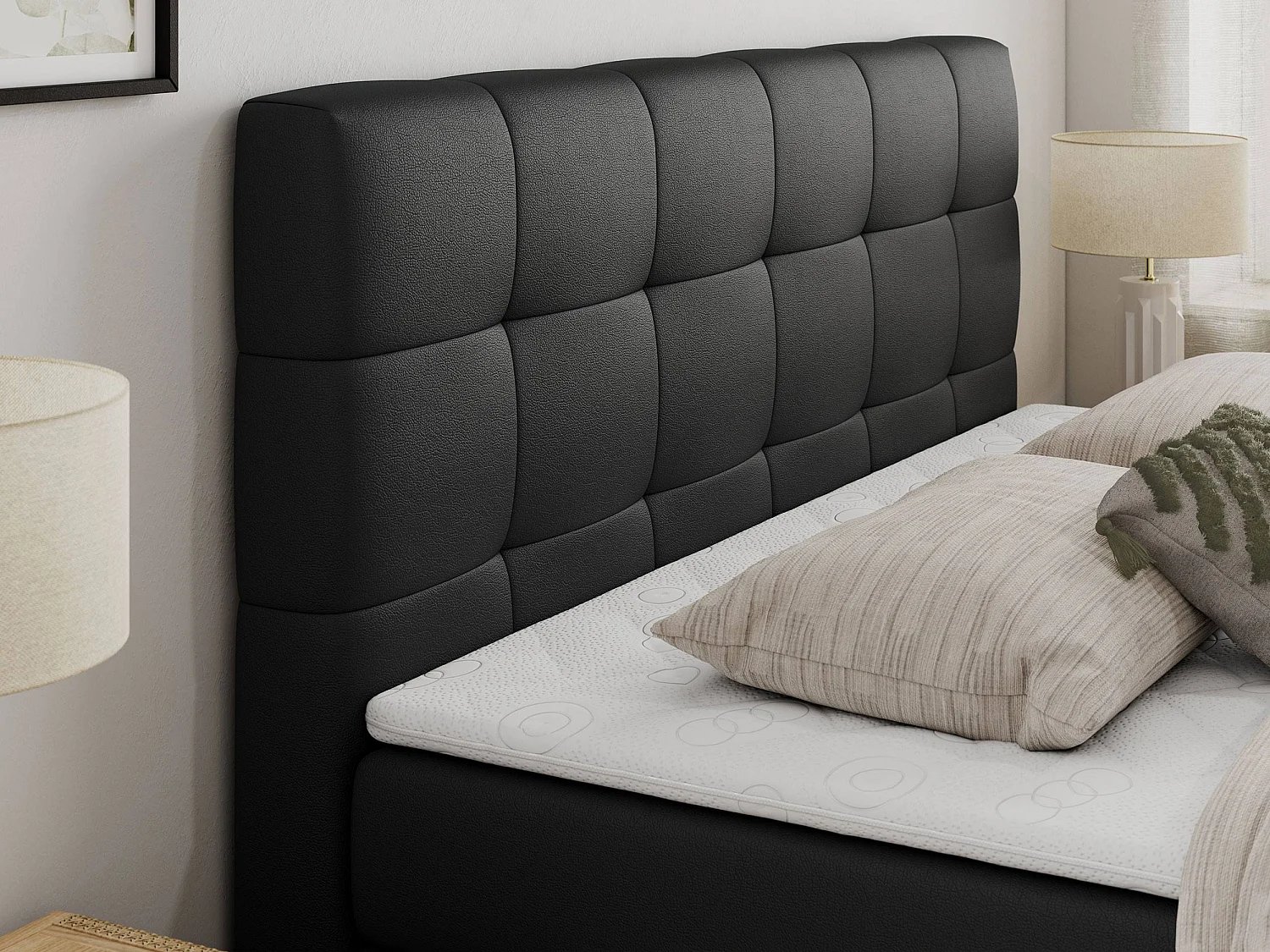 Boxspringbett LUKA KING, mit gestepptem Kopfteil, zwei Bettkästen, Multipocket-Matratze und Topper - 120x200 cm - H3 - Schwarz Kunstleder