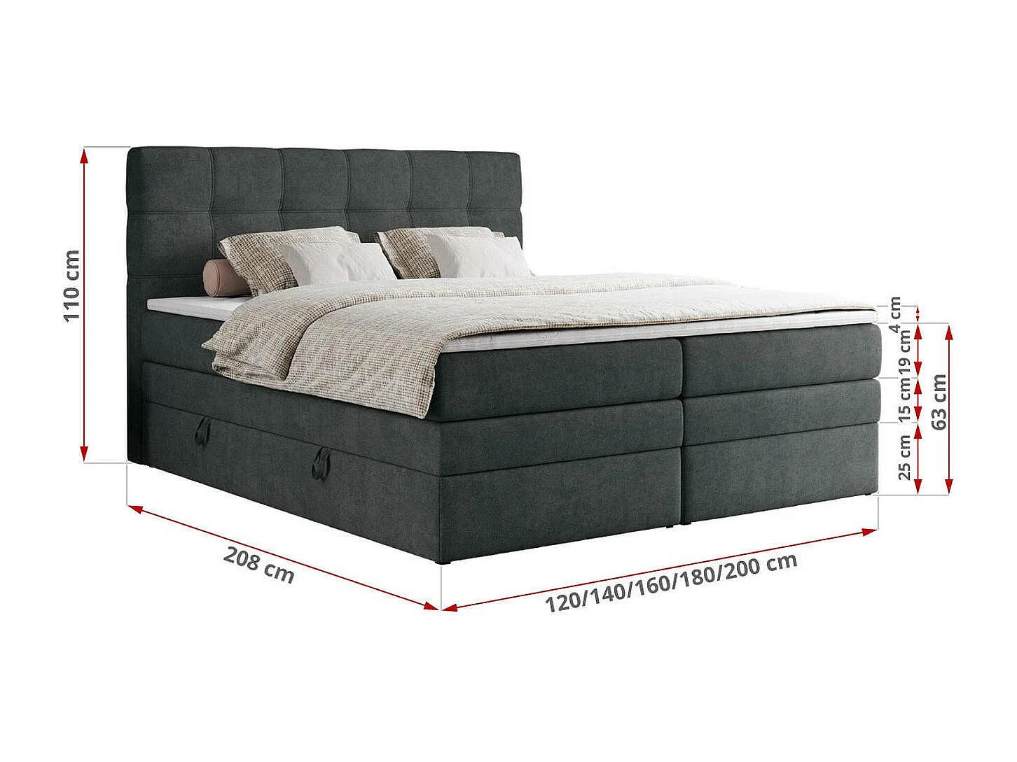 Boxspringbett ERNI KING, gestepptes Kopfteil, zwei Multipocket-Matratze und Topper, mit Stauraum - 180x200 cm - H3 - Dunkelgrau Strukture