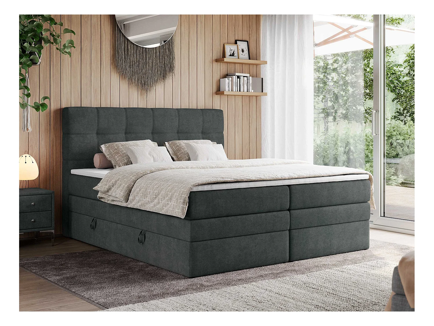 Boxspringbett ERNI KING, gestepptes Kopfteil, zwei Multipocket-Matratze und Topper, mit Stauraum - 180x200 cm - H3 - Dunkelgrau Strukture