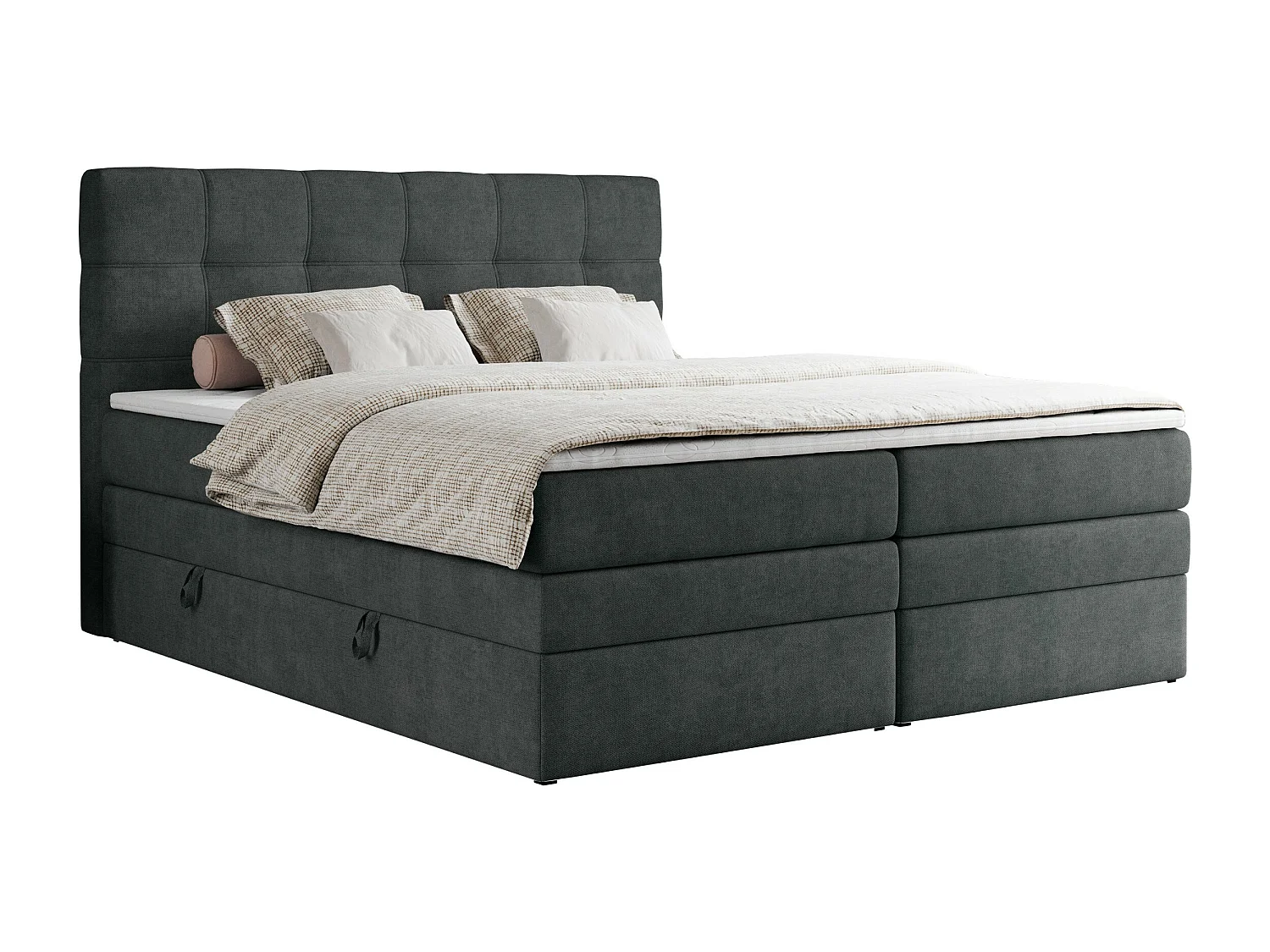 Boxspringbett ERNI KING, gestepptes Kopfteil, zwei Multipocket-Matratze und Topper, mit Stauraum - 180x200 cm - H3 - Dunkelgrau Strukture