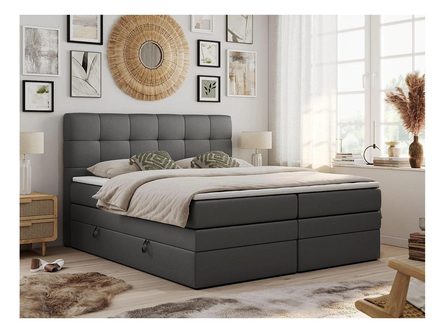 Boxspringbett LUKA KING, mit gestepptem Kopfteil, zwei Bettkästen, Multipocket-Matratze und Topper - 140x200 cm - H4 - Dunkelgrau Kunstleder