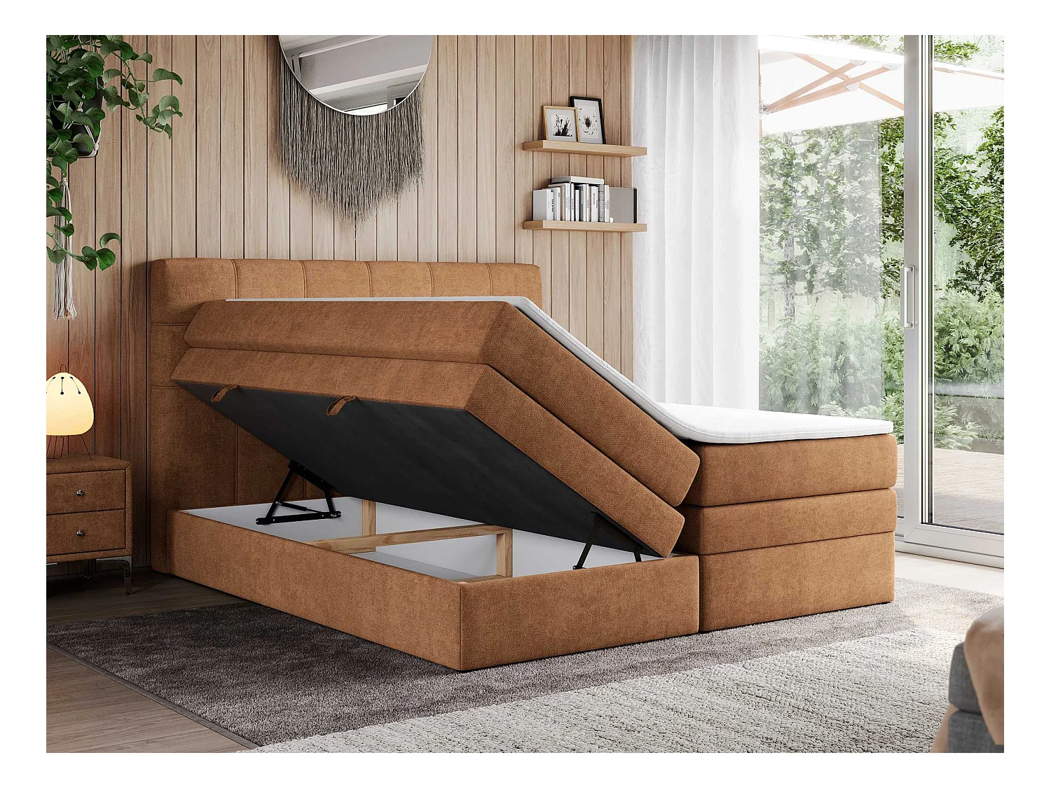 Boxspringbett ERNI KING, gestepptes Kopfteil, zwei Multipocket-Matratze und Topper, mit Stauraum - 140x200 cm - H4 - Orange Strukture