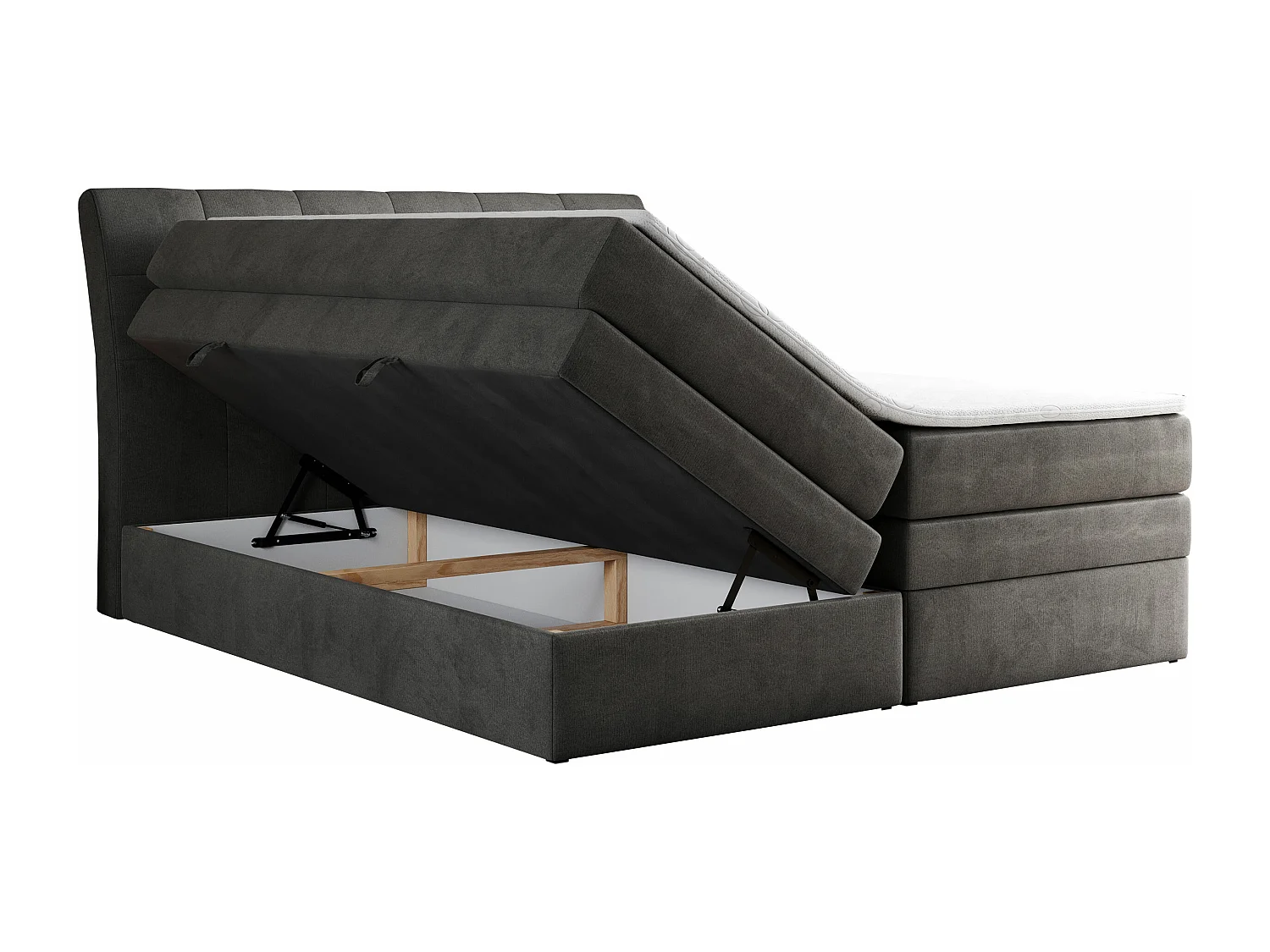 Boxspringbett GOLD 10 KING mit genähtes Kopfteil und Stauraum, zwei Multipocket-Matratze - 140x200 cm - H3 - Dunkelgrau Velvet