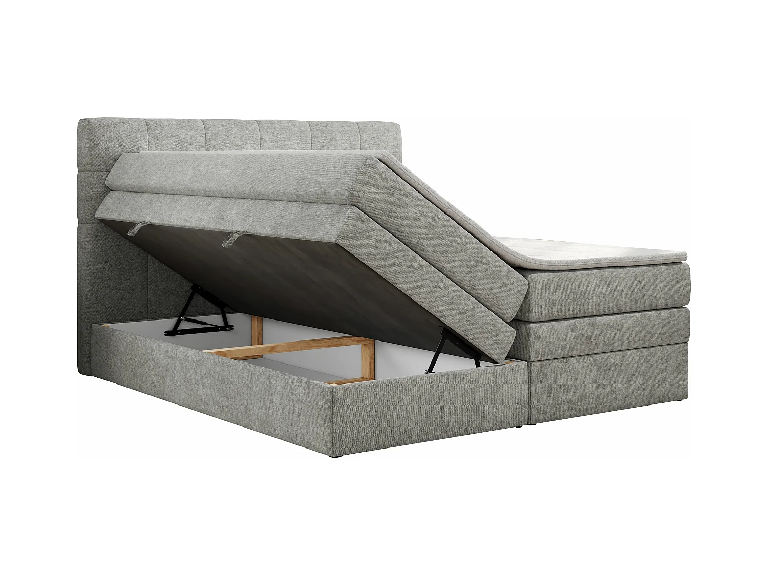Boxspringbett LUKA KING, mit gestepptem Kopfteil, zwei Bettkästen, Multipocket-Matratze und Topper - 180x200 cm - H3 - Hellgrau Strukture