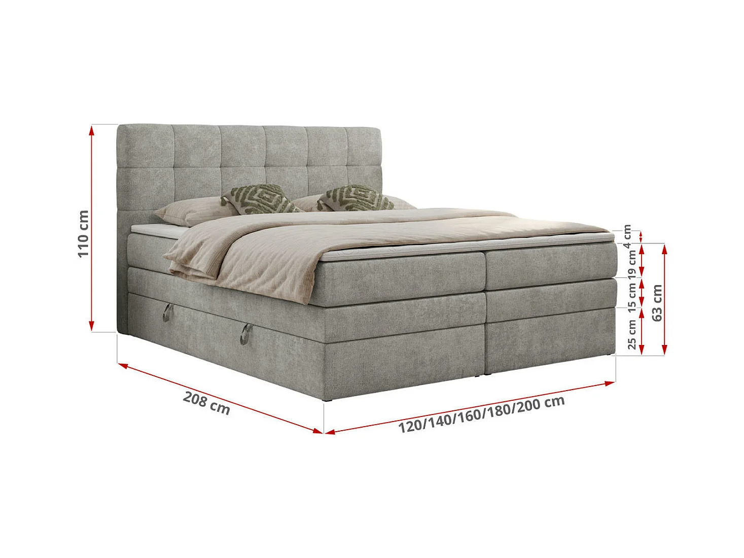 Boxspringbett LUKA KING, mit gestepptem Kopfteil, zwei Bettkästen, Multipocket-Matratze und Topper - 180x200 cm - H3 - Hellgrau Strukture