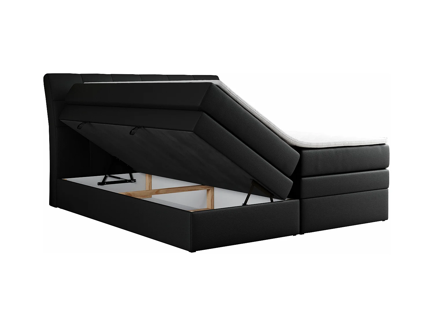 Boxspringbett GOLD 10 KING mit genähtes Kopfteil und Stauraum, zwei Multipocket-Matratze - 160x200 cm - H3 - Schwarz Kunstleder