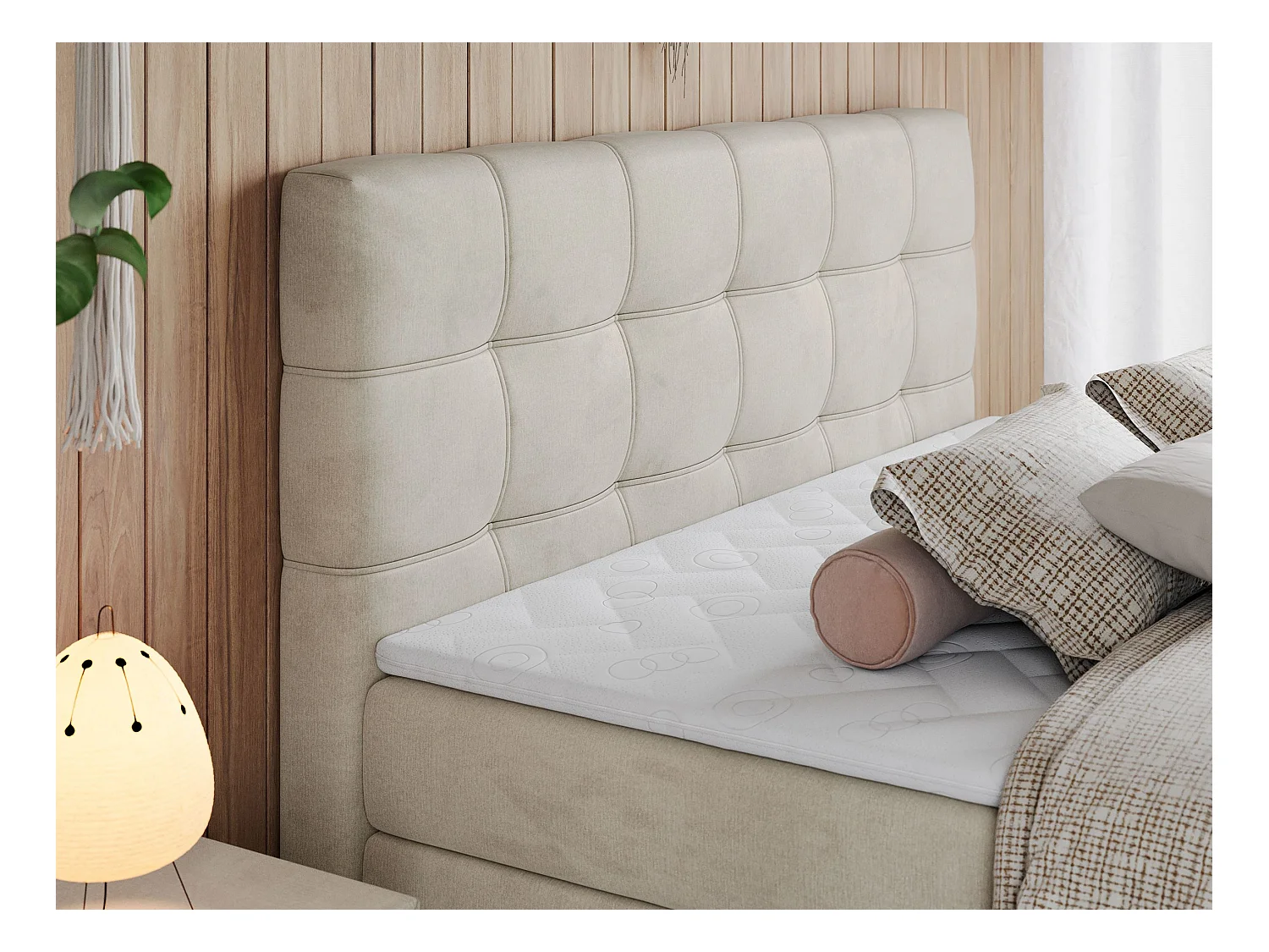 Boxspringbett ERNI KING, gestepptes Kopfteil, zwei Multipocket-Matratze und Topper, mit Stauraum - 120x200 cm - H3 - Beige Velvet
