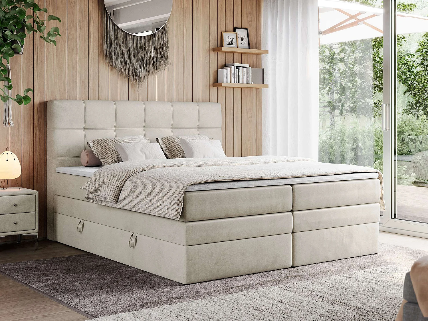 Boxspringbett ERNI KING, gestepptes Kopfteil, zwei Multipocket-Matratze und Topper, mit Stauraum - 120x200 cm - H3 - Beige Velvet