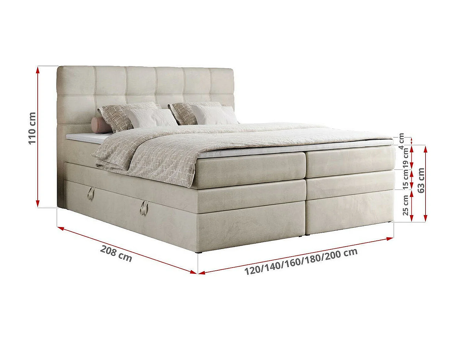 Boxspringbett ERNI KING, gestepptes Kopfteil, zwei Multipocket-Matratze und Topper, mit Stauraum - 120x200 cm - H3 - Beige Velvet