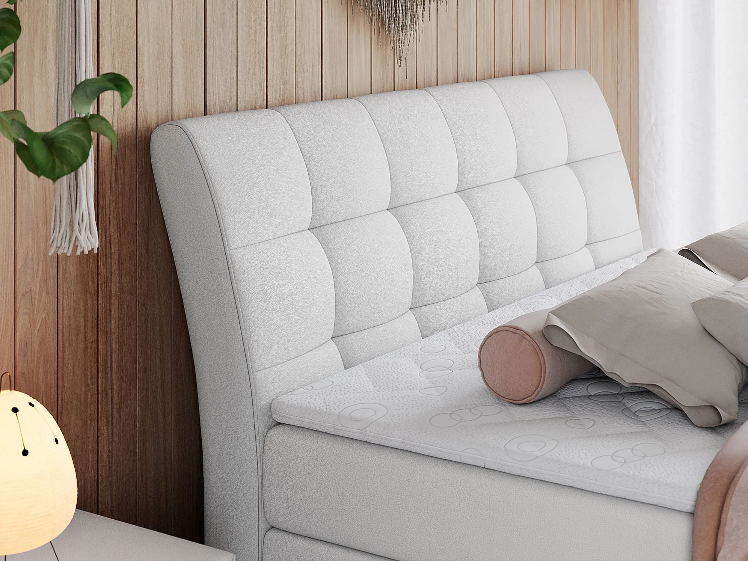 Boxspringbett GOLD 10 KING mit genähtes Kopfteil und Stauraum, zwei Multipocket-Matratze - 160x200 cm - H3 - Weiß Kunstleder