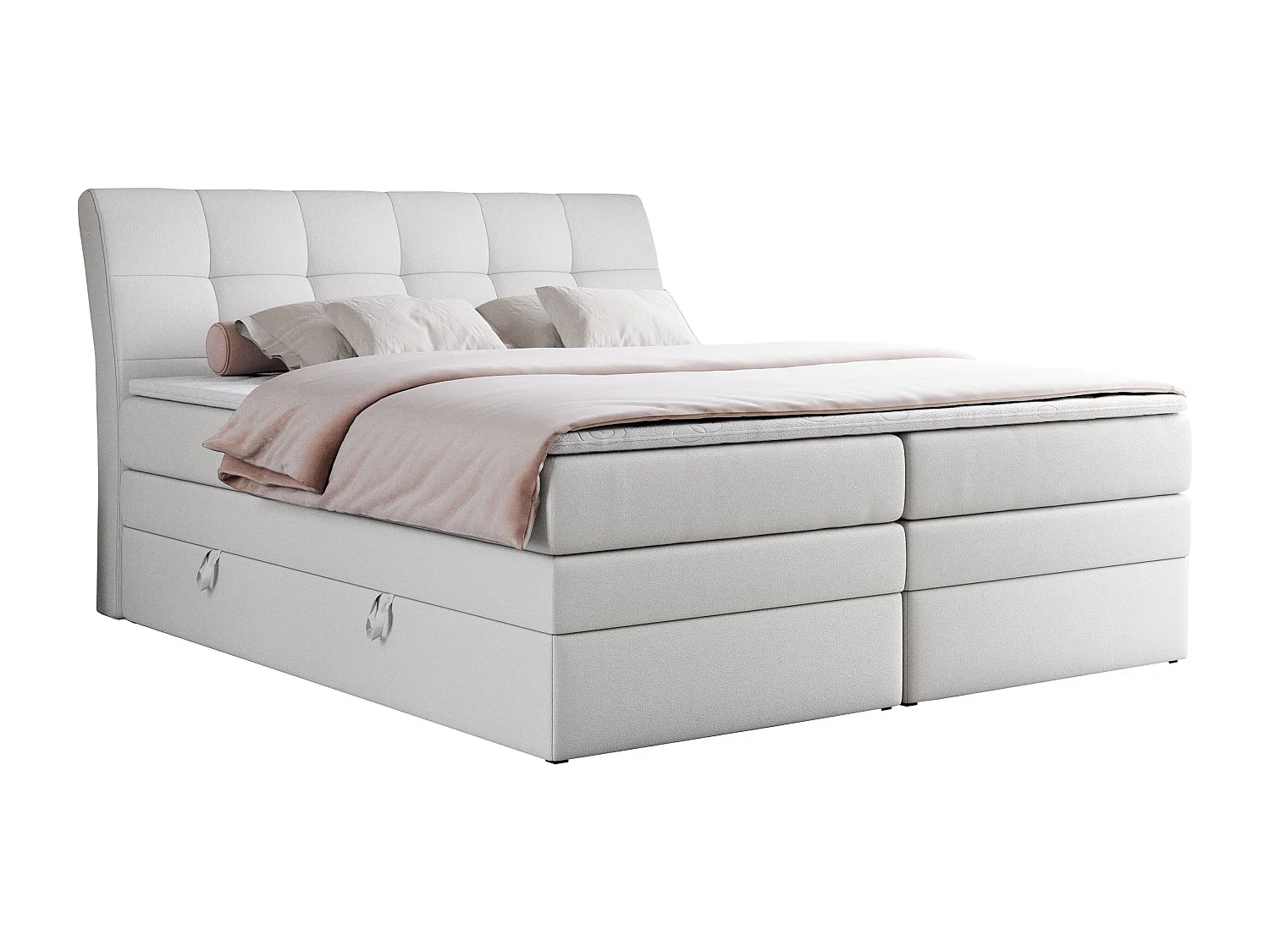 Boxspringbett GOLD 10 KING mit genähtes Kopfteil und Stauraum, zwei Multipocket-Matratze - 160x200 cm - H3 - Weiß Kunstleder