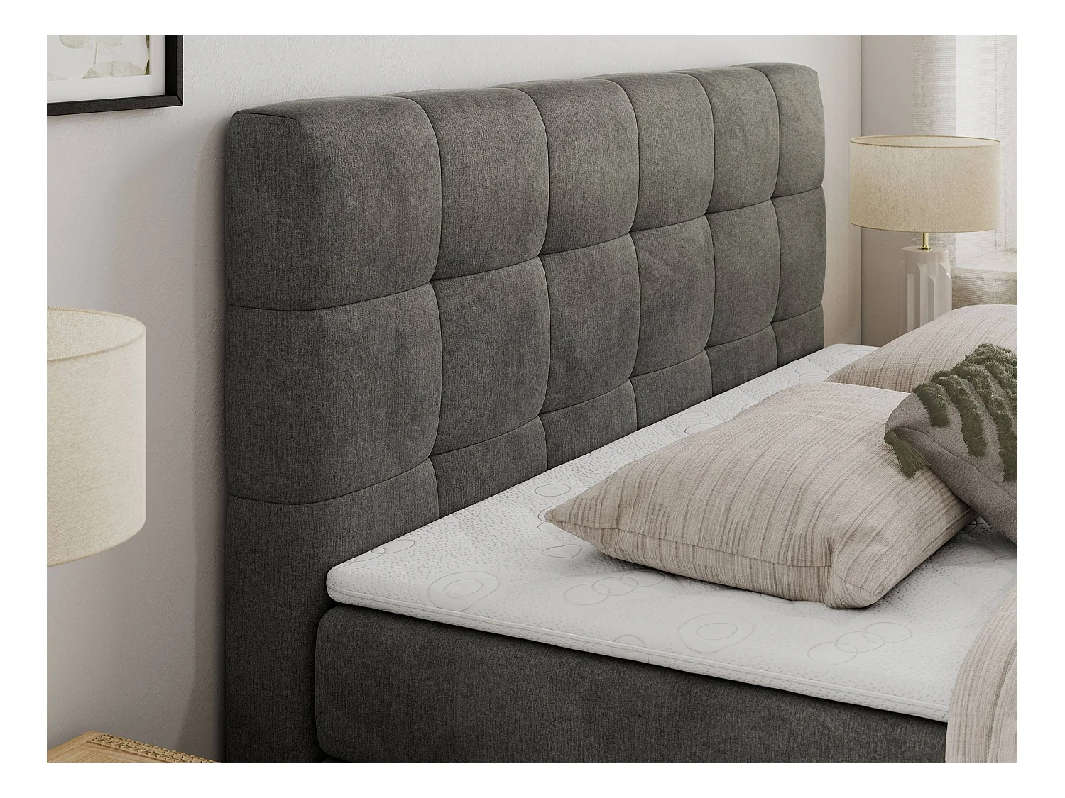 Boxspringbett LUKA KING, mit gestepptem Kopfteil, zwei Bettkästen, Multipocket-Matratze und Topper - 120x200 cm - H3 - Dunkelgrau Velvet