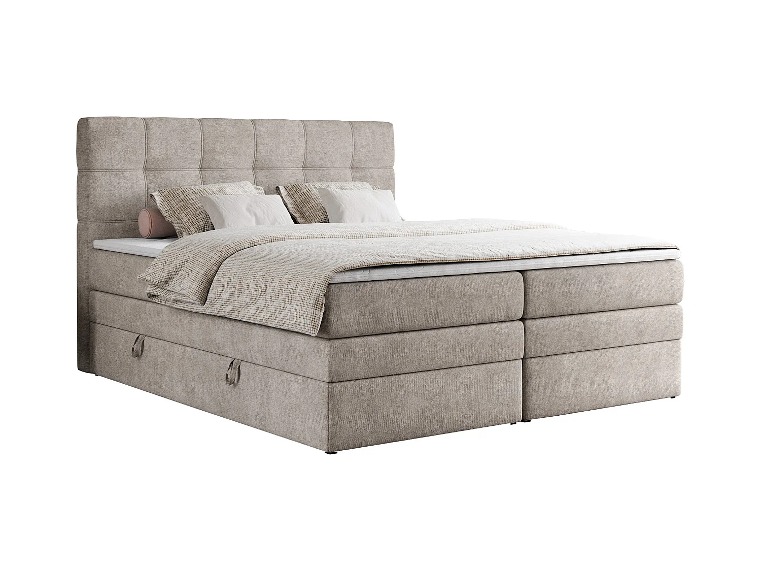 Boxspringbett ERNI KING, gestepptes Kopfteil, zwei Multipocket-Matratze und Topper, mit Stauraum - 160x200 cm - H4 - Beige Strukture