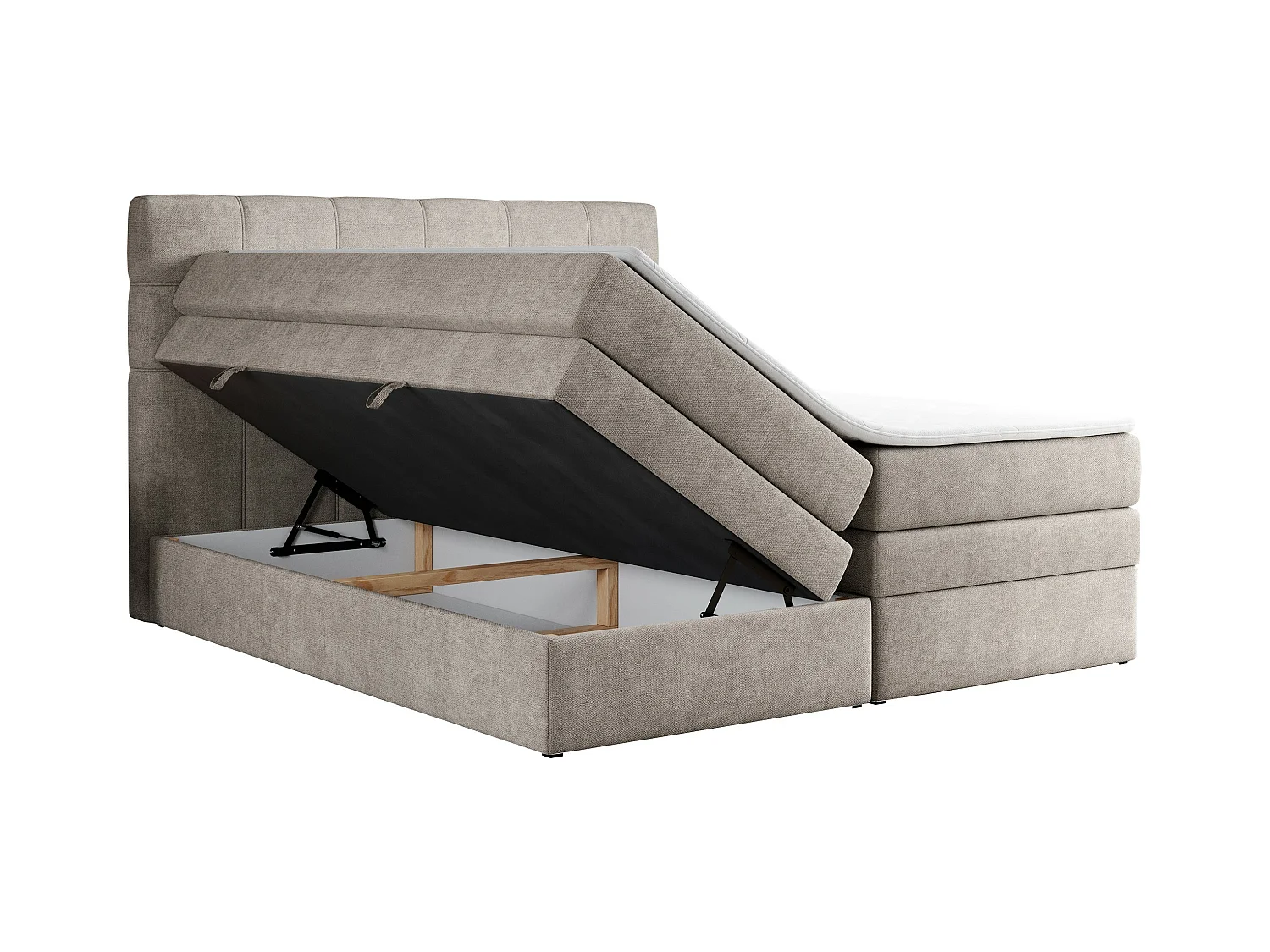 Boxspringbett ERNI KING, gestepptes Kopfteil, zwei Multipocket-Matratze und Topper, mit Stauraum - 160x200 cm - H4 - Beige Strukture