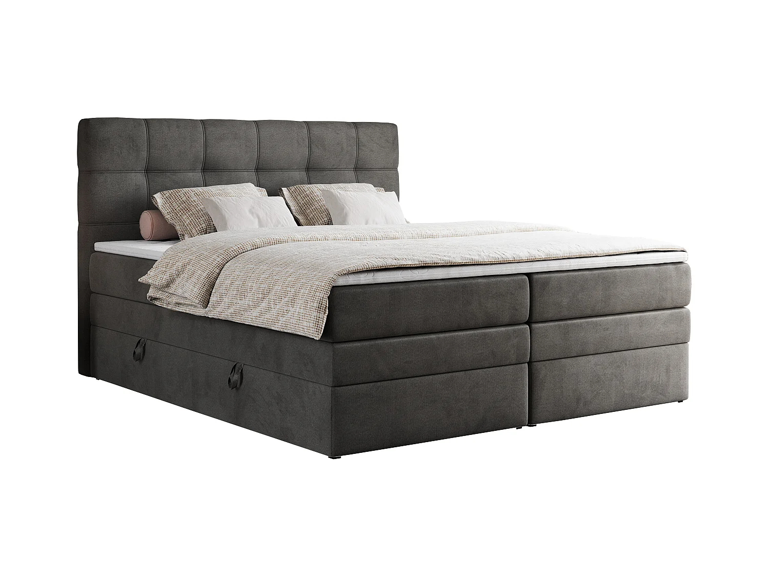 Boxspringbett ERNI KING, gestepptes Kopfteil, zwei Multipocket-Matratze und Topper, mit Stauraum - 180x200 cm - H4 - Dunkelgrau Velvet