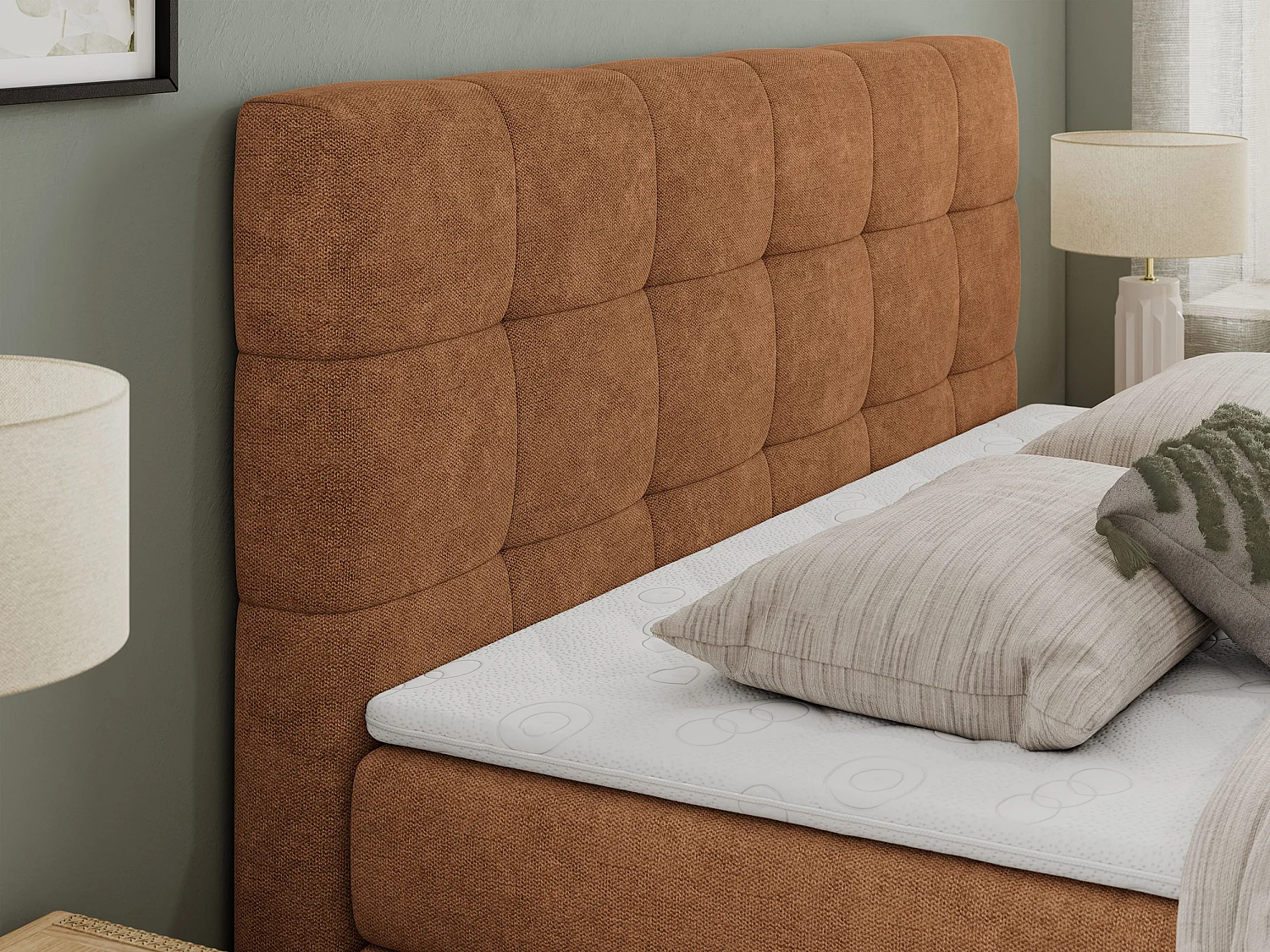 Boxspringbett LUKA KING, mit gestepptem Kopfteil, zwei Bettkästen, Multipocket-Matratze und Topper - 120x200 cm - H4 - Orange Strukture