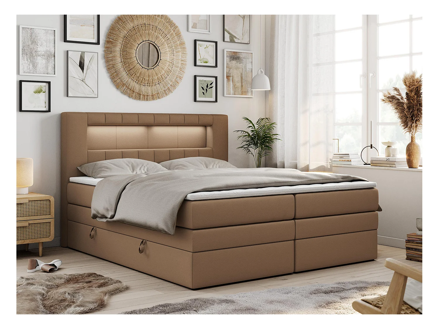 Boxspringbett GOLD 5 KING mit Stauraum, zwei Bettkästen, LED-Beleuchtung, Multipocket-Matratze - 140x200 cm - H3 - Braun Kunstleder