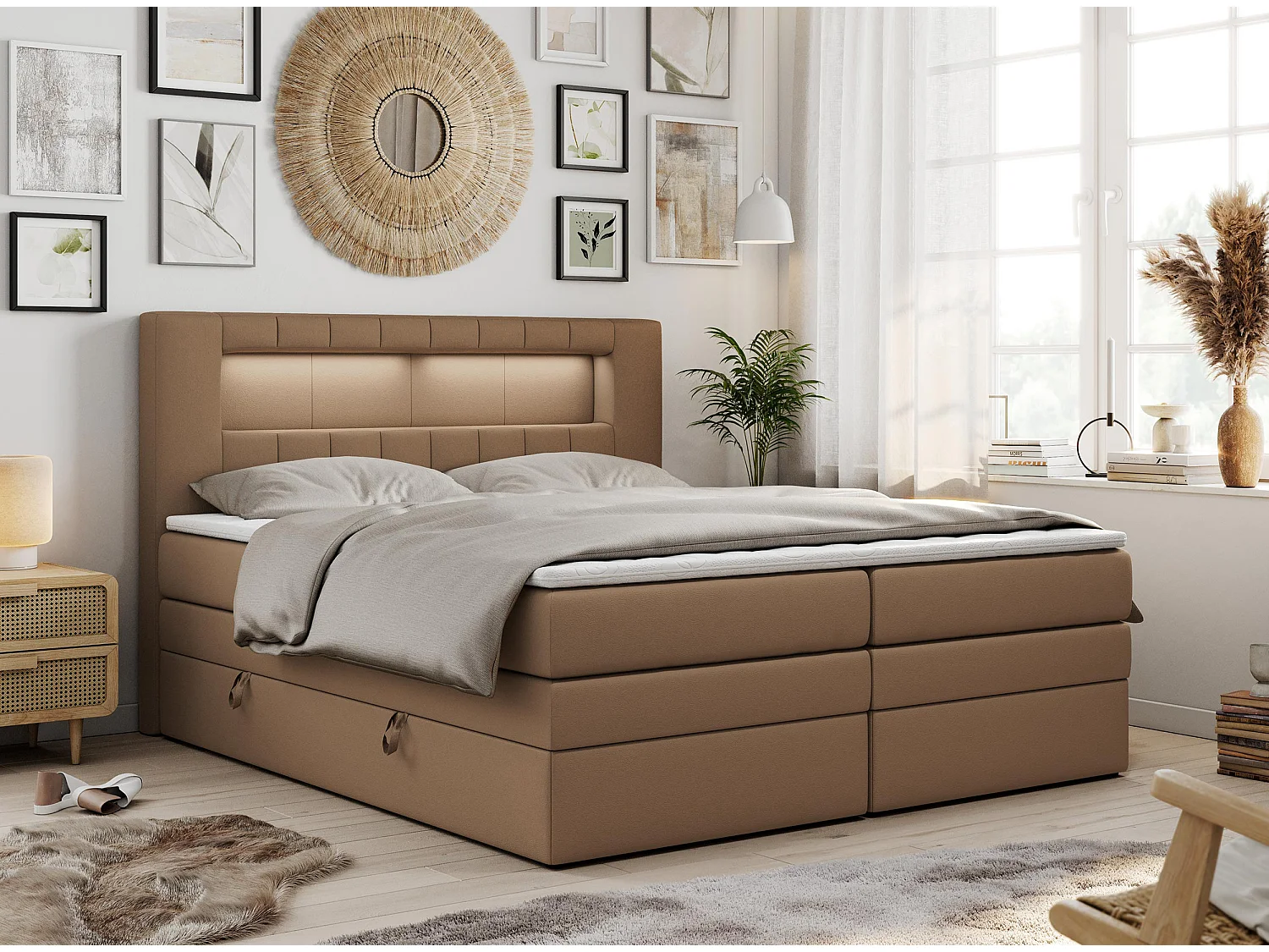 Boxspringbett GOLD 5 KING mit Stauraum, zwei Bettkästen, LED-Beleuchtung, Multipocket-Matratze - 140x200 cm - H3 - Braun Kunstleder