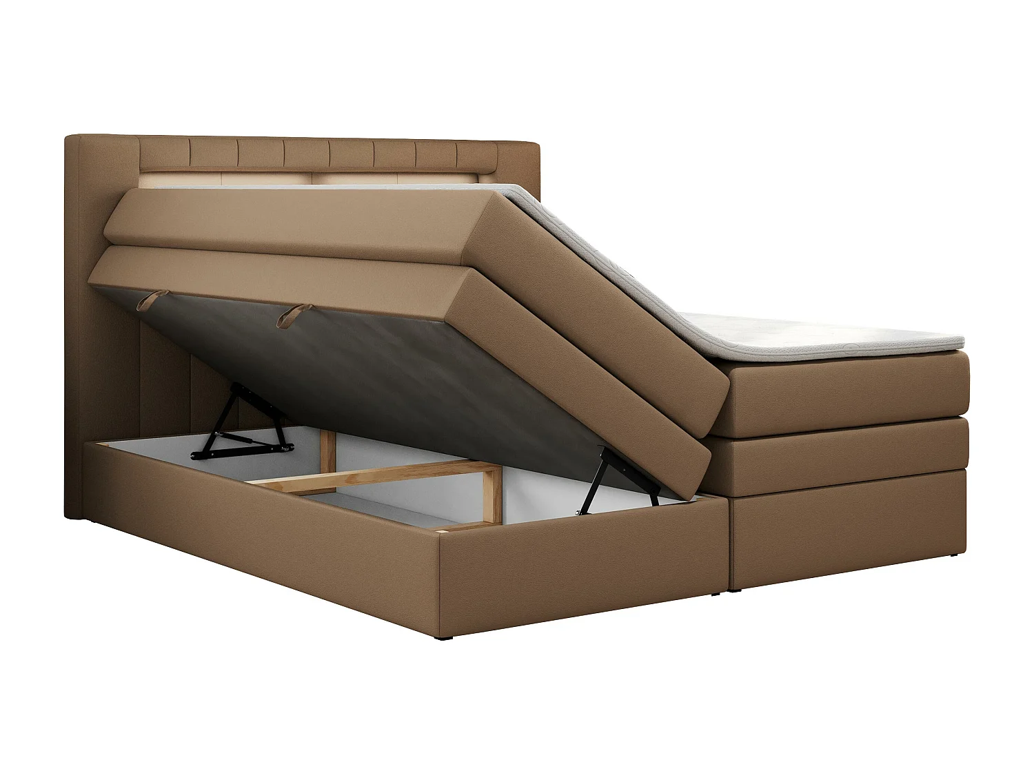 Boxspringbett GOLD 5 KING mit Stauraum, zwei Bettkästen, LED-Beleuchtung, Multipocket-Matratze - 140x200 cm - H3 - Braun Kunstleder